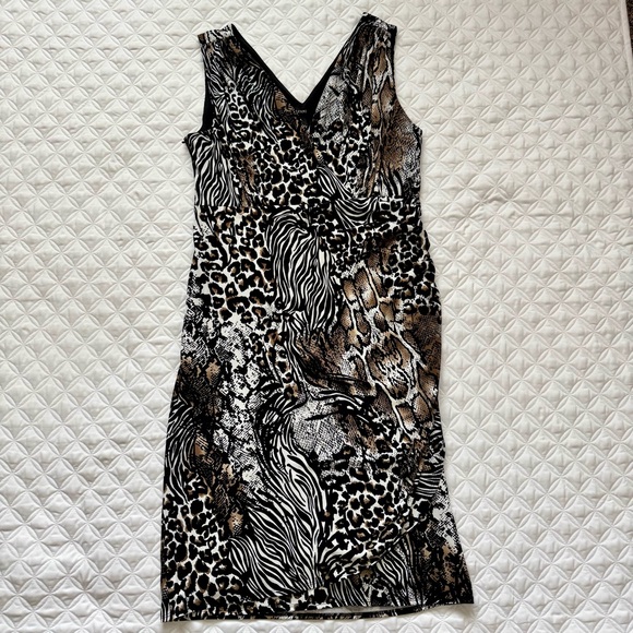 Alfani Dresses & Skirts - Alfani Animal Print V-Neck Sleeveless Midi Dress Black White Tan Size 12